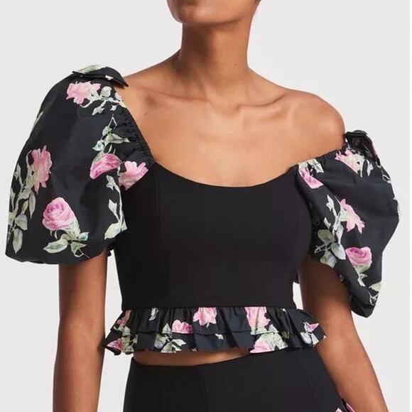 LoveShackFancy Spirit cropped floral puff sleeve stretch-jersey top size XL - Picture 1 of 8